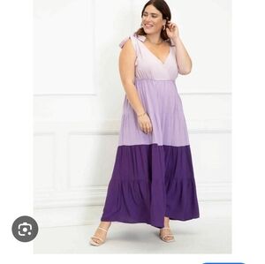 Eloquii Tiered Lavender and Purple Maxi Dress with Tie Shoulder